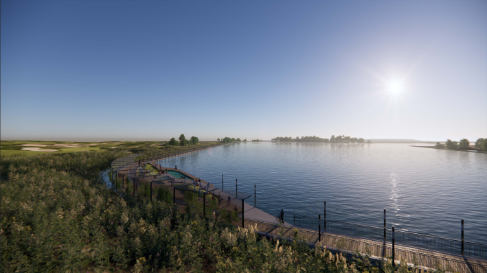 Rendering of a wooden trail above Lake Calumet alongside an existing golf course.