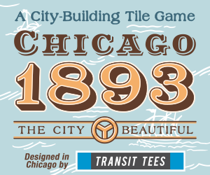Ad for Transit Tees's new city-building tile game called 1893