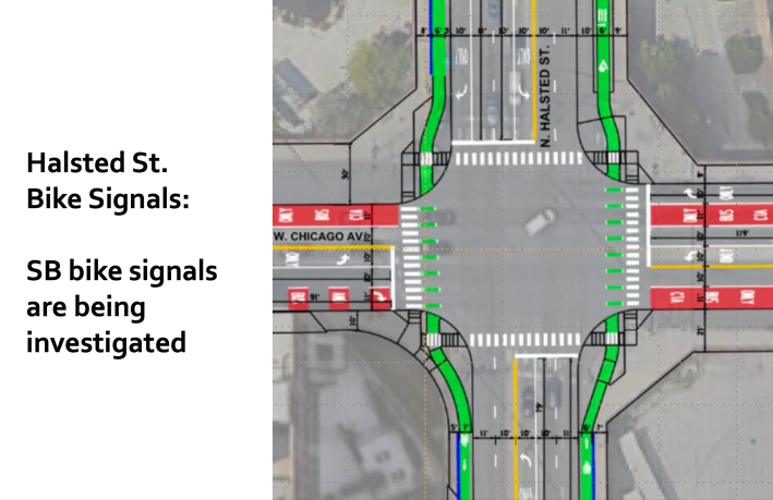 The new design includes recently installed bus lanes, raised bike lanes, and a relatively bike-friendly Chicago/Halsted intersection.