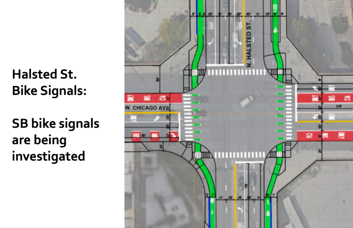 The new design includes recently installed bus lanes, raised bike lanes, and a relatively bike-friendly Chicago/Halsted intersection.