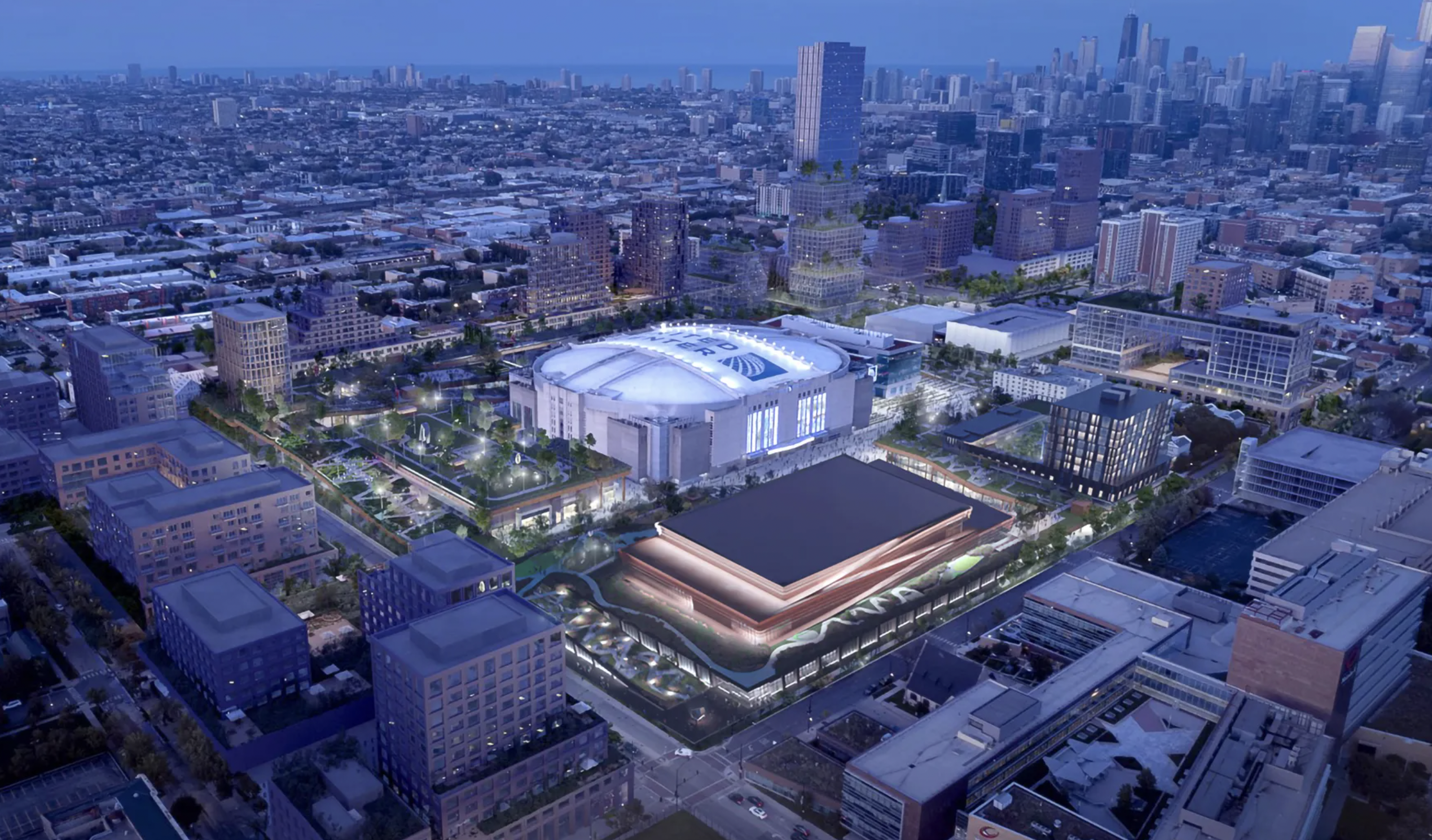 An aerial image of the United Center with a new entertainment and residential district around it.