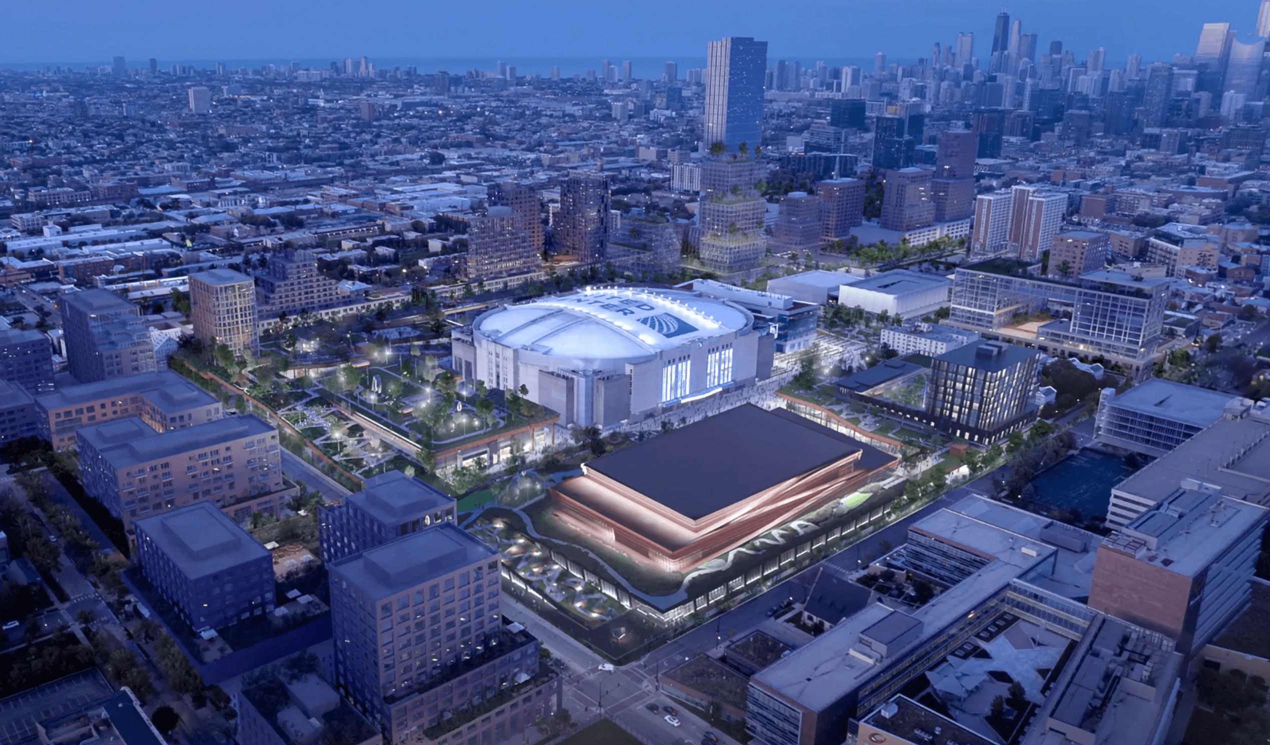 An aerial image of the United Center with a new entertainment and residential district around it.